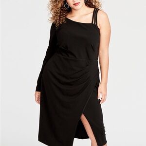 Rachel Roy Womens Plus Asymmetrical Faux Wrap MIDI Dress Size 18W Black New